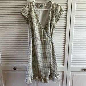 Converse One star Yellow gray Plaid Wrap Dress Sz S Cap Sleeve Frayed Ruffle Hem